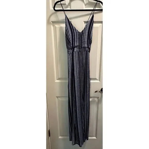 Lulus Jumpsuit Womens XL Blue White Stripe Wide Leg Sleeveless Tie Back V-Neck - Picture 2 of 6